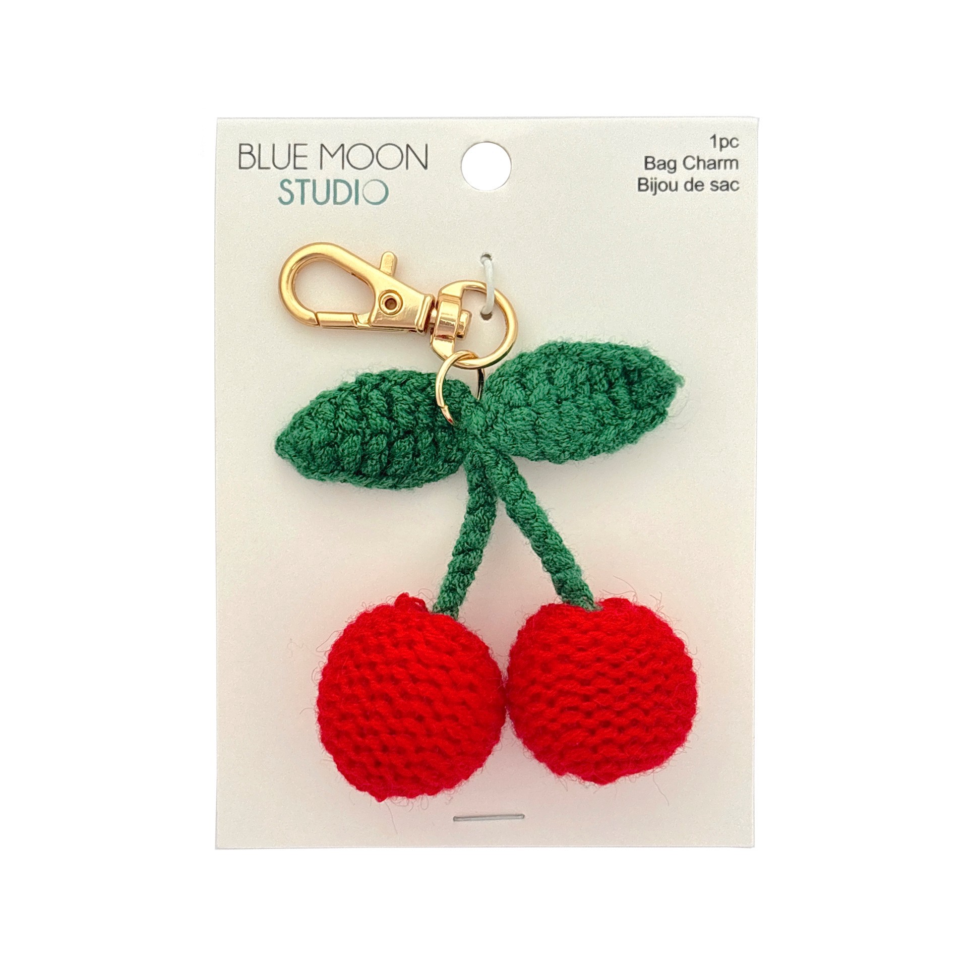 slide 3 of 3, Blue Moon Studio Crochet Cherry Bag Charm, 2.16 in x 1.85 in x 0.7 in