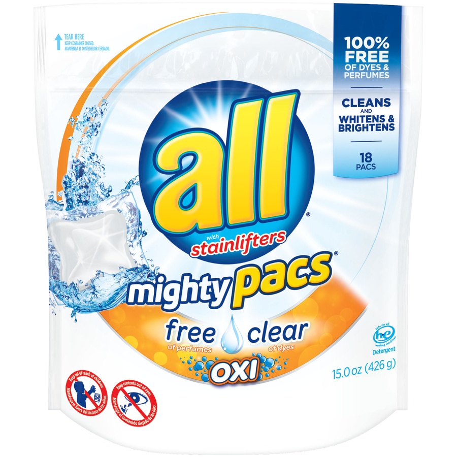 slide 1 of 1, All Free & Clear Oxi Detergent Mighty Pacs, 18 ct