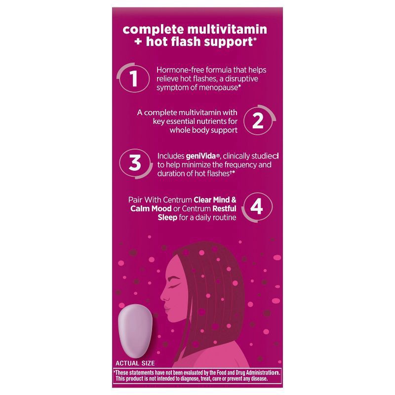 slide 3 of 7, Centrum Complete Multivitamin Supplement + Hot Flash Support Menopause Support Tablets, With Clinically Studied geniVida, 30 Count, 30 ct
