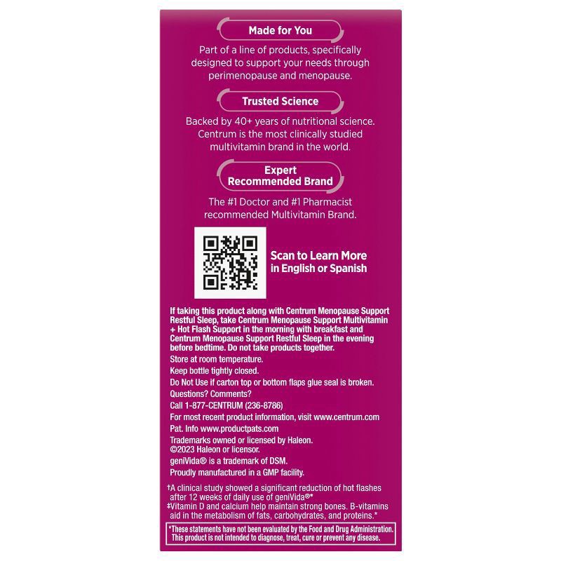 slide 5 of 7, Centrum Complete Multivitamin Supplement + Hot Flash Support Menopause Support Tablets, With Clinically Studied geniVida, 30 Count, 30 ct
