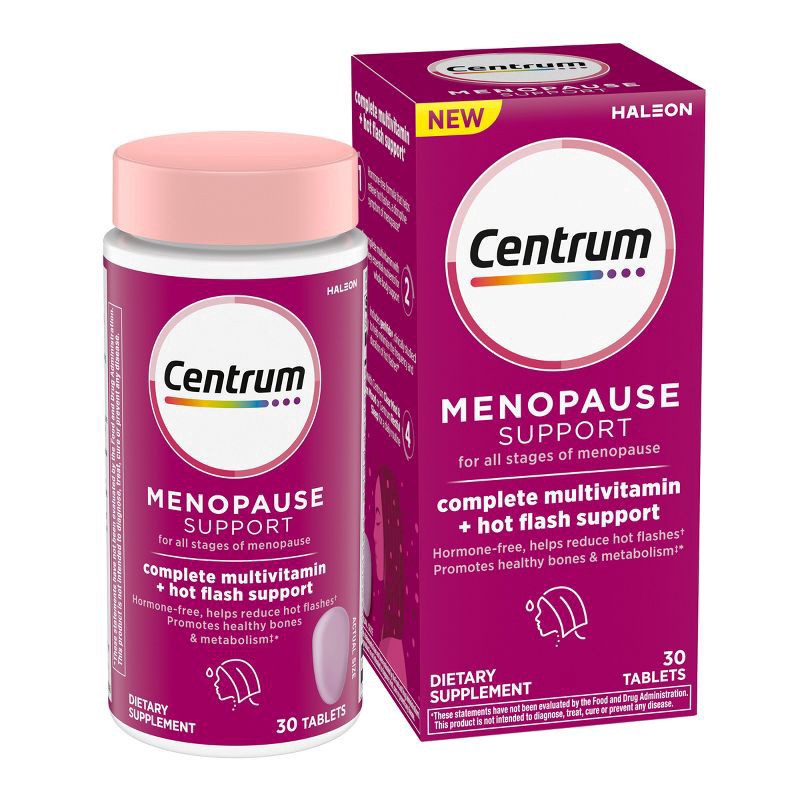 slide 1 of 7, Centrum Complete Multivitamin Supplement + Hot Flash Support Menopause Support Tablets, With Clinically Studied geniVida, 30 Count, 30 ct
