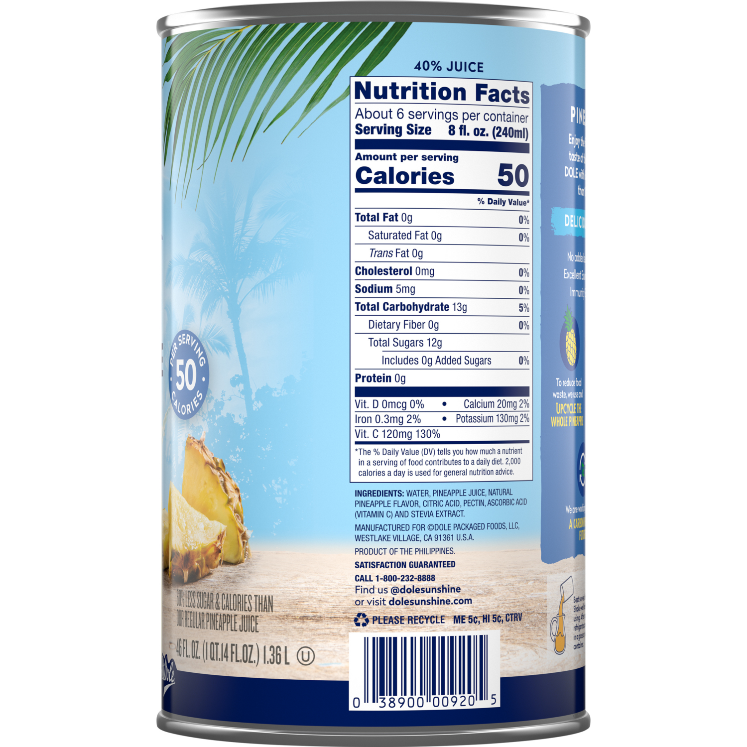 slide 3 of 3, Dole Juice Light Pineapple Juice Drink Not From Concentrate 46oz Can Label SKU 00920, 46 oz