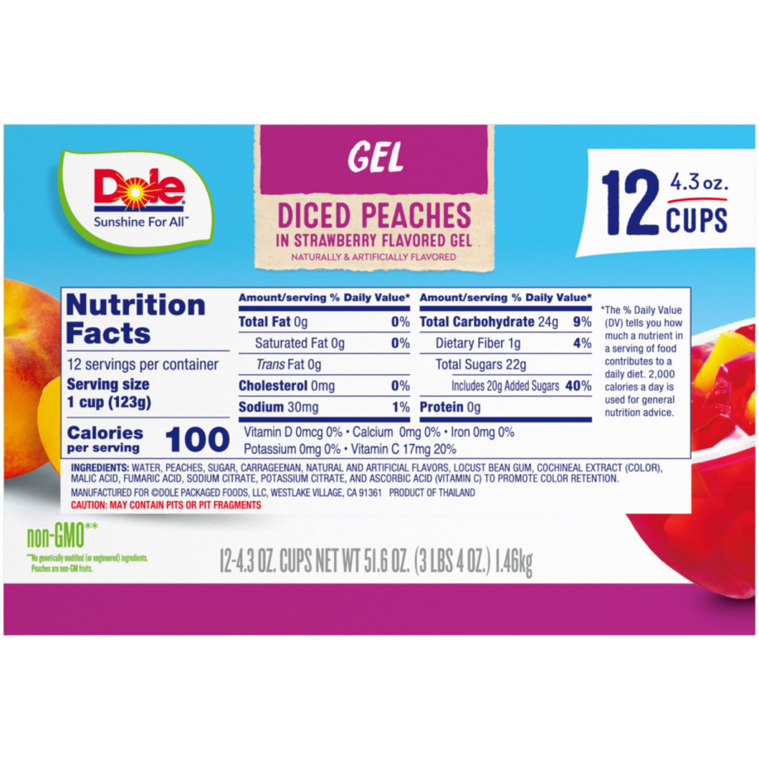 slide 3 of 4, Dole Strawberry Flavored Gel with Diced Peaches Fruit Bowls 12 Pack, 12 ct; 4.3 oz