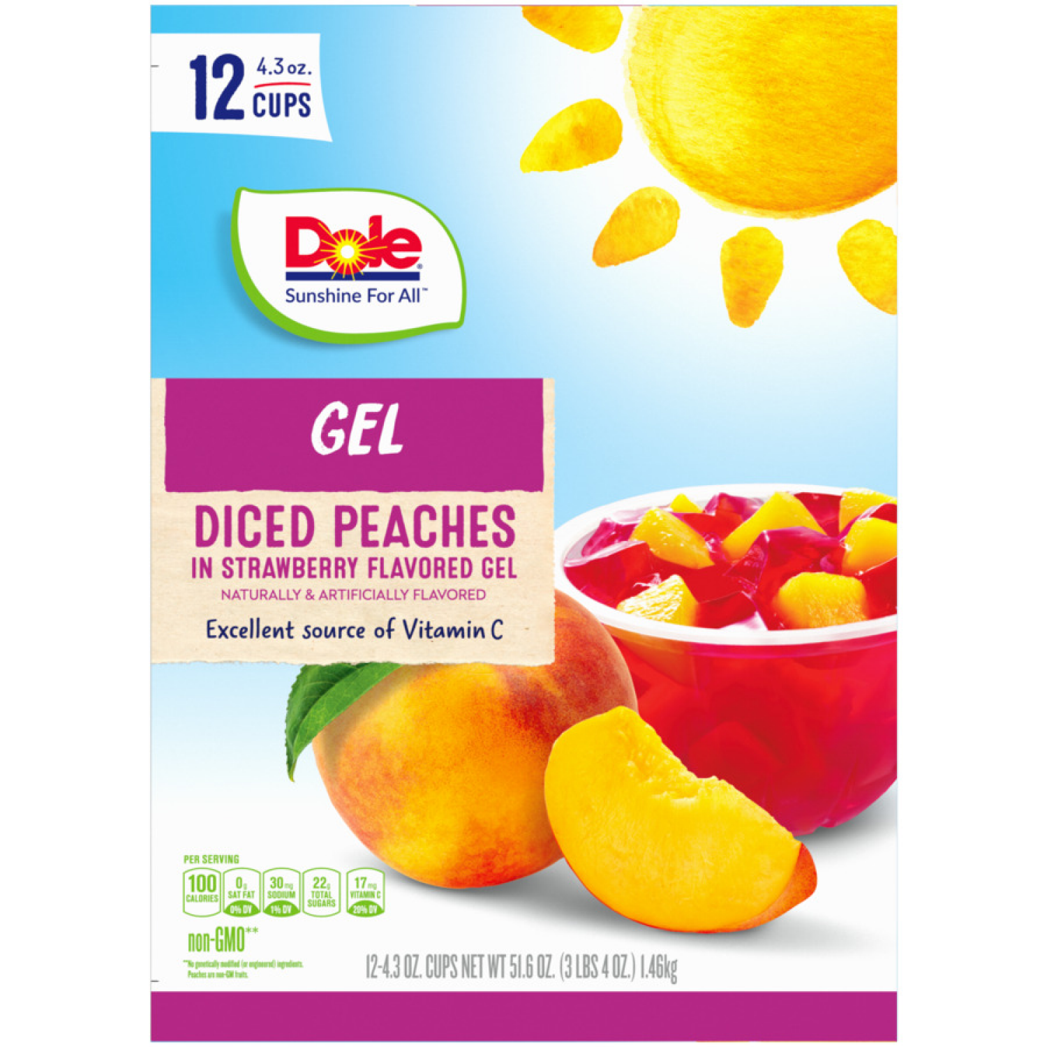 slide 4 of 4, Dole Strawberry Flavored Gel with Diced Peaches Fruit Bowls 12 Pack, 12 ct; 4.3 oz