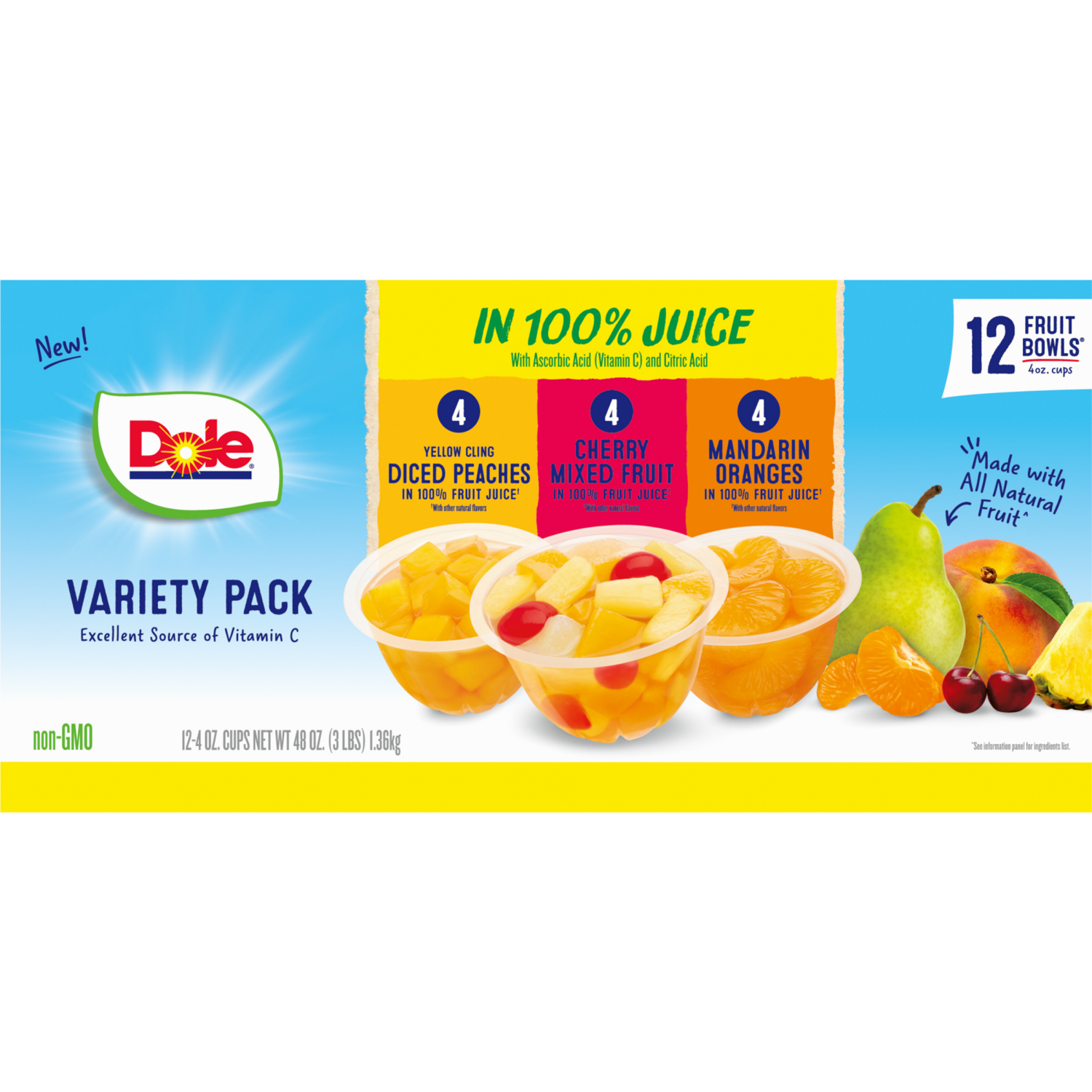 slide 2 of 5, Dole Fruit Bowls Snack in 100% Fruit Juice Variety Pack 12 - 4 oz Cups, 12 ct