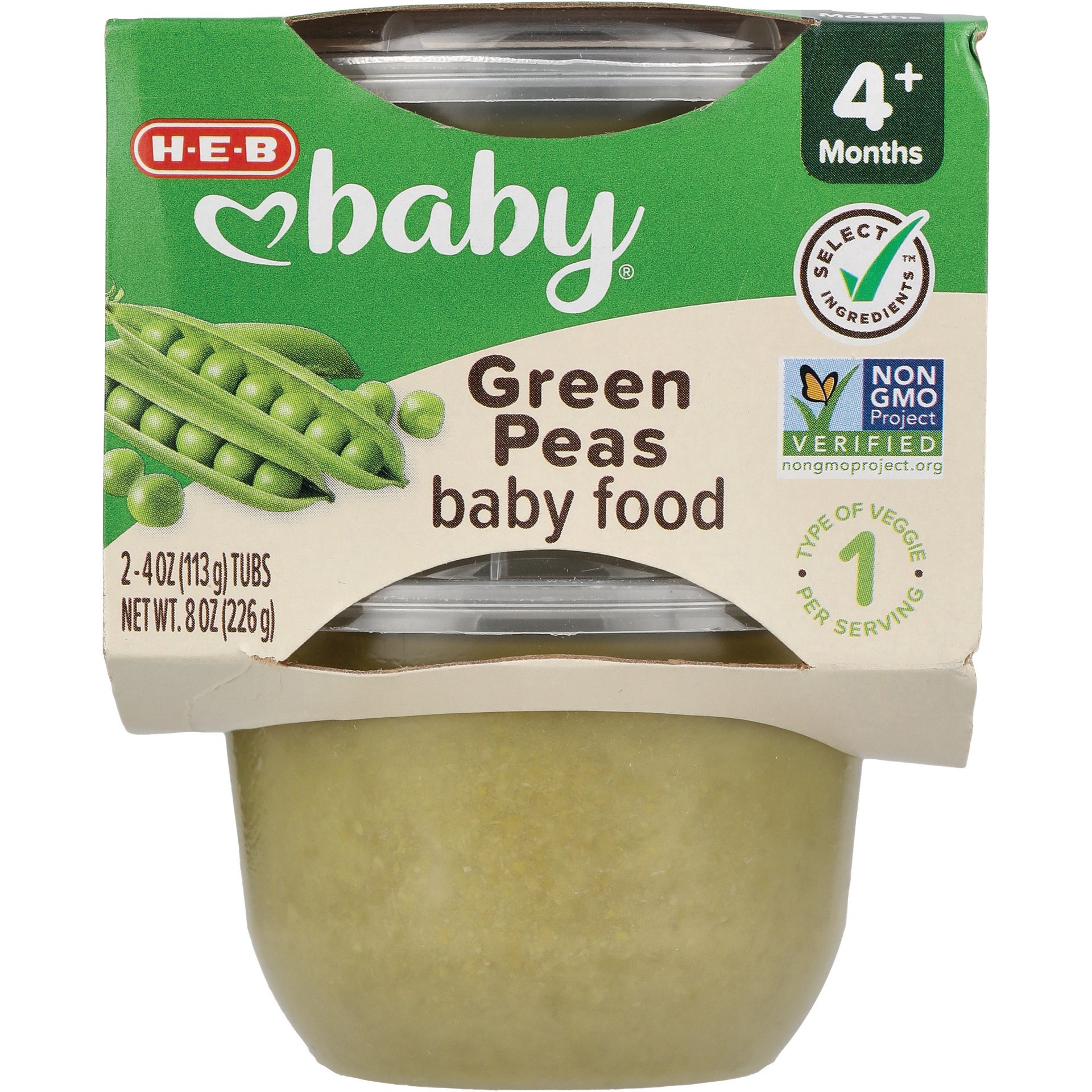slide 1 of 1, H-E-B Baby Food - Peas, 4 oz Tubs, 2 ct