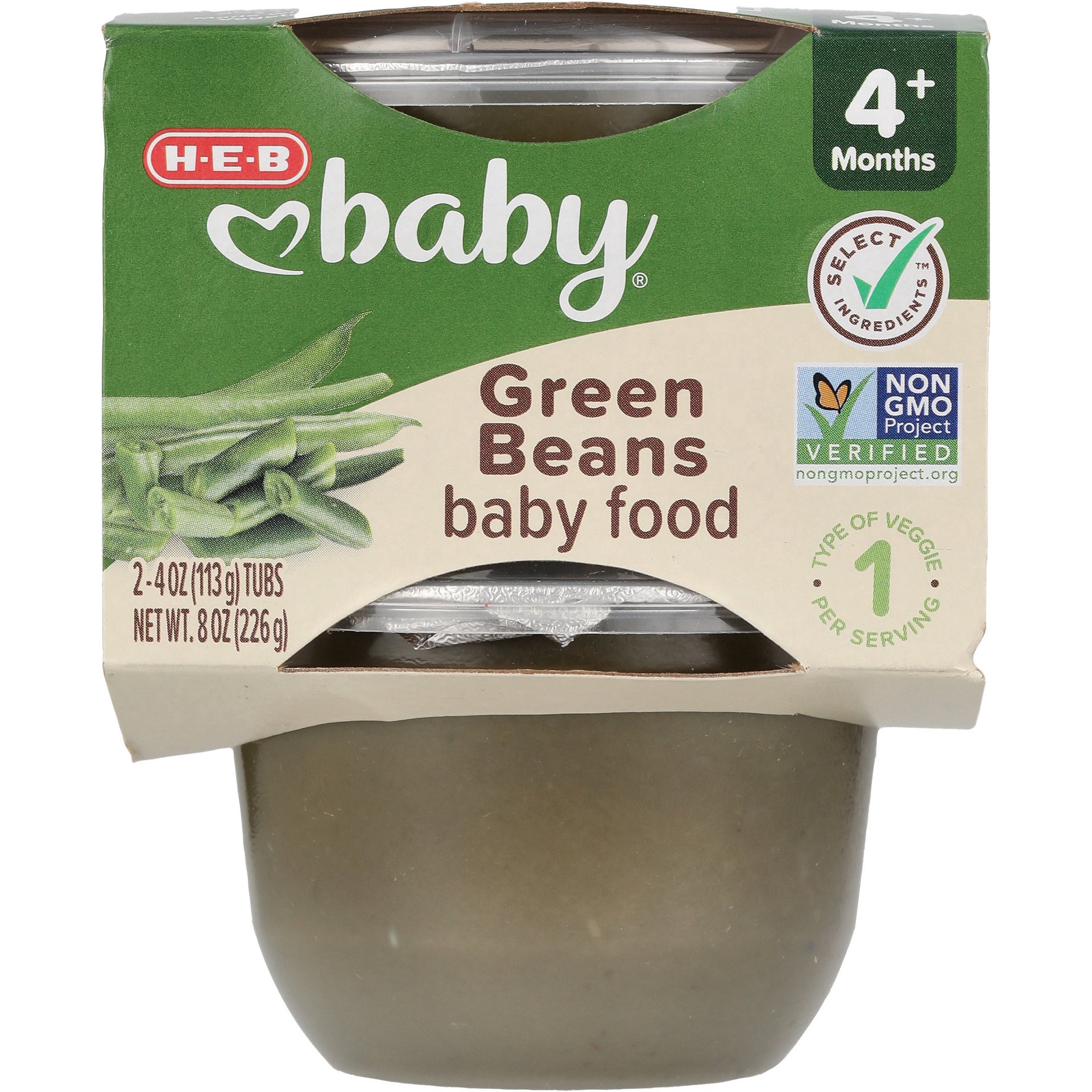 slide 1 of 1, H-E-B Baby Food - Green Beans, 4 oz Tubs, 2 ct