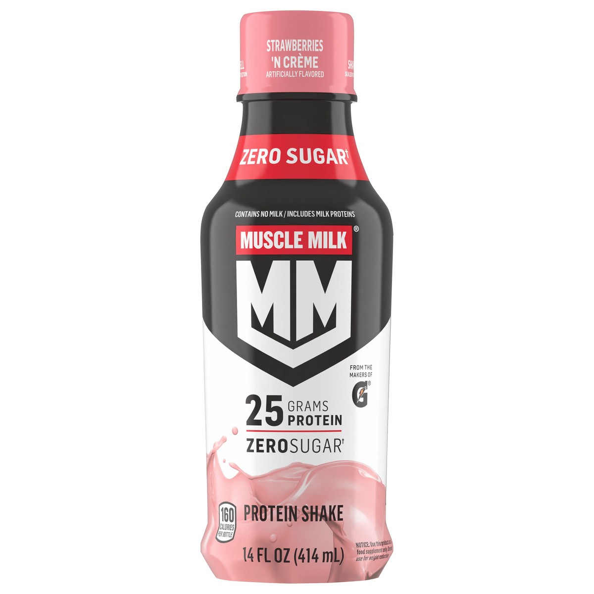 slide 1 of 2, Muscle Milk Genuine Non-Dairy Protein Shake Strawberries 'N Creme Artificially Flavored 14 Fl Oz Bottle, 14 fl oz