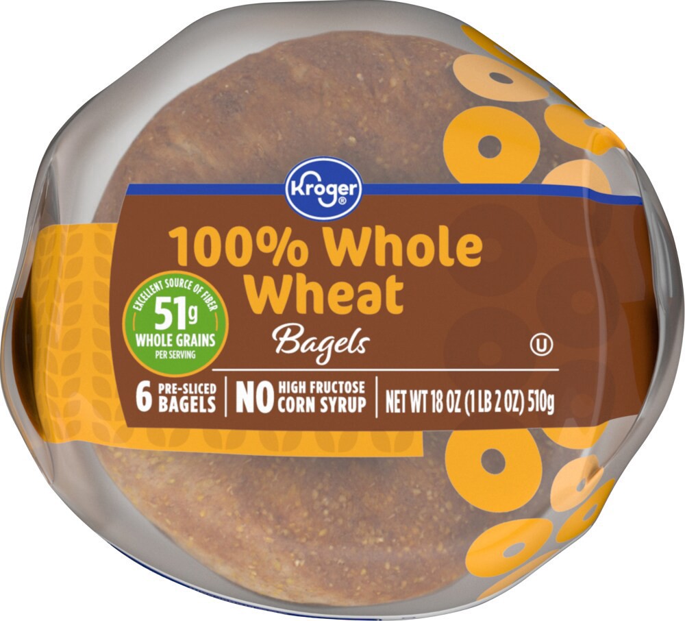 slide 3 of 5, Kroger 100% Whole Wheat Pre-Sliced Bagels, 6 ct; 18 oz