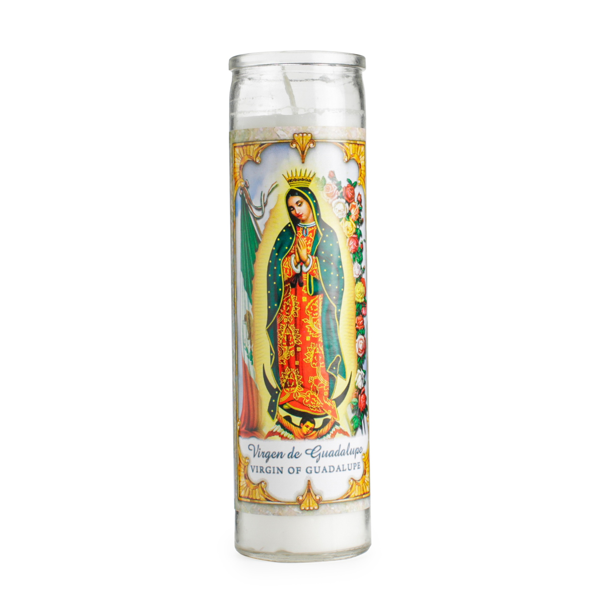 slide 1 of 1, PRAYER CANDLE Star Novena Candle 8" White "Virgen De Guadalupe" Rose Scent, 8 in