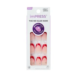 Kiss Impress Press On Nails, Happy World, Red, Medium Coffin, 30 Count