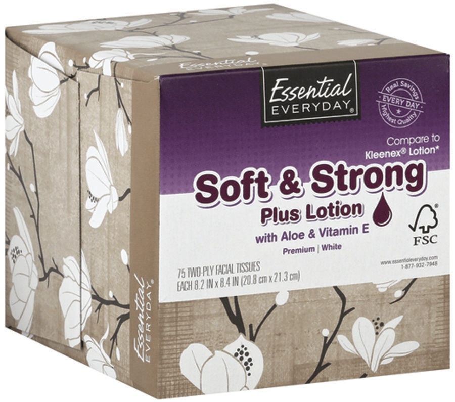 slide 1 of 1, Essential Everyday Soft & Strong Facial Tissue Plus Lotion, 75 ct