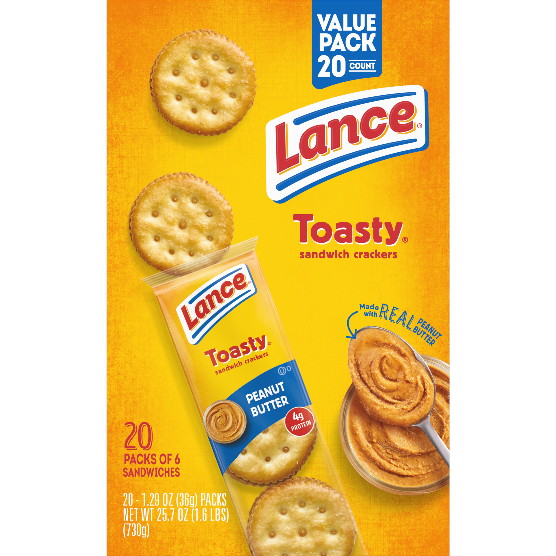 slide 2 of 5, Lance Sandwich Crackers, Toasty Peanut Butter, 20 Individually Wrapped Packs, 6 Sandwiches Each, 20 ct