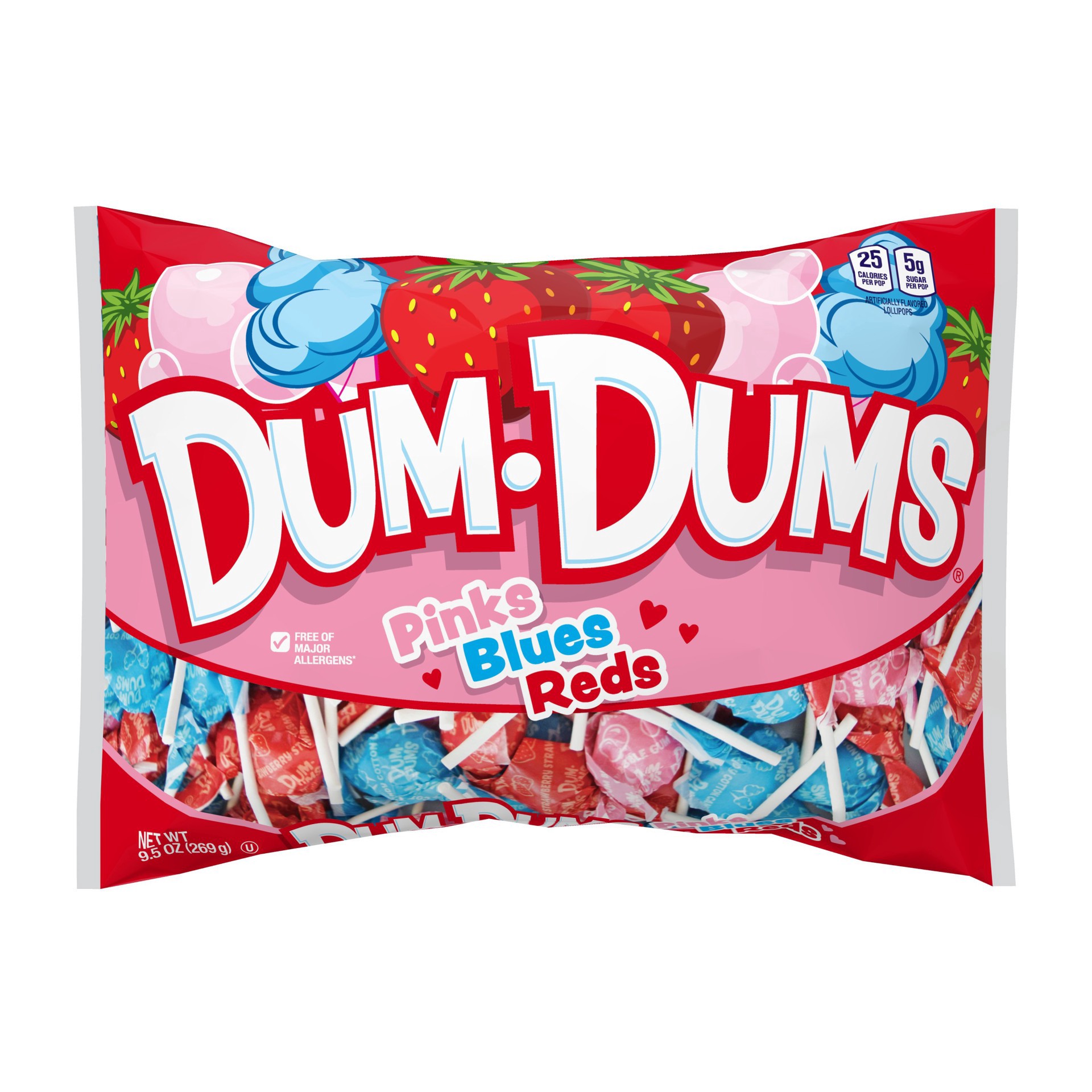 slide 1 of 1, Dum Dums Pinks Blues & Reds Valentine's Pops, 9.5 oz