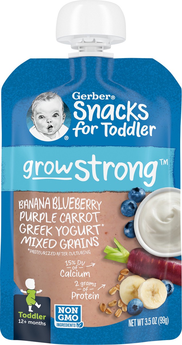 slide 3 of 13, Gerber Snacks for Toddler Grow Strong, Greek Yogurt Banana Blueberry Purple Carrot Mixed Grains , 3.5 oz Pouch, 3.5 oz