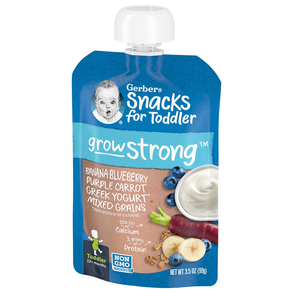 slide 4 of 13, Gerber Snacks for Toddler Grow Strong, Greek Yogurt Banana Blueberry Purple Carrot Mixed Grains , 3.5 oz Pouch, 3.5 oz