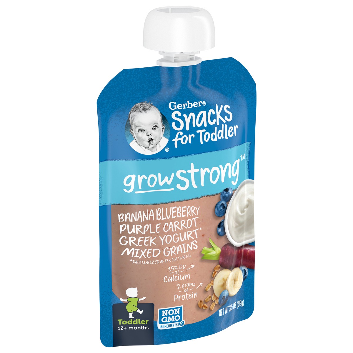 slide 8 of 13, Gerber Snacks for Toddler Grow Strong, Greek Yogurt Banana Blueberry Purple Carrot Mixed Grains , 3.5 oz Pouch, 3.5 oz