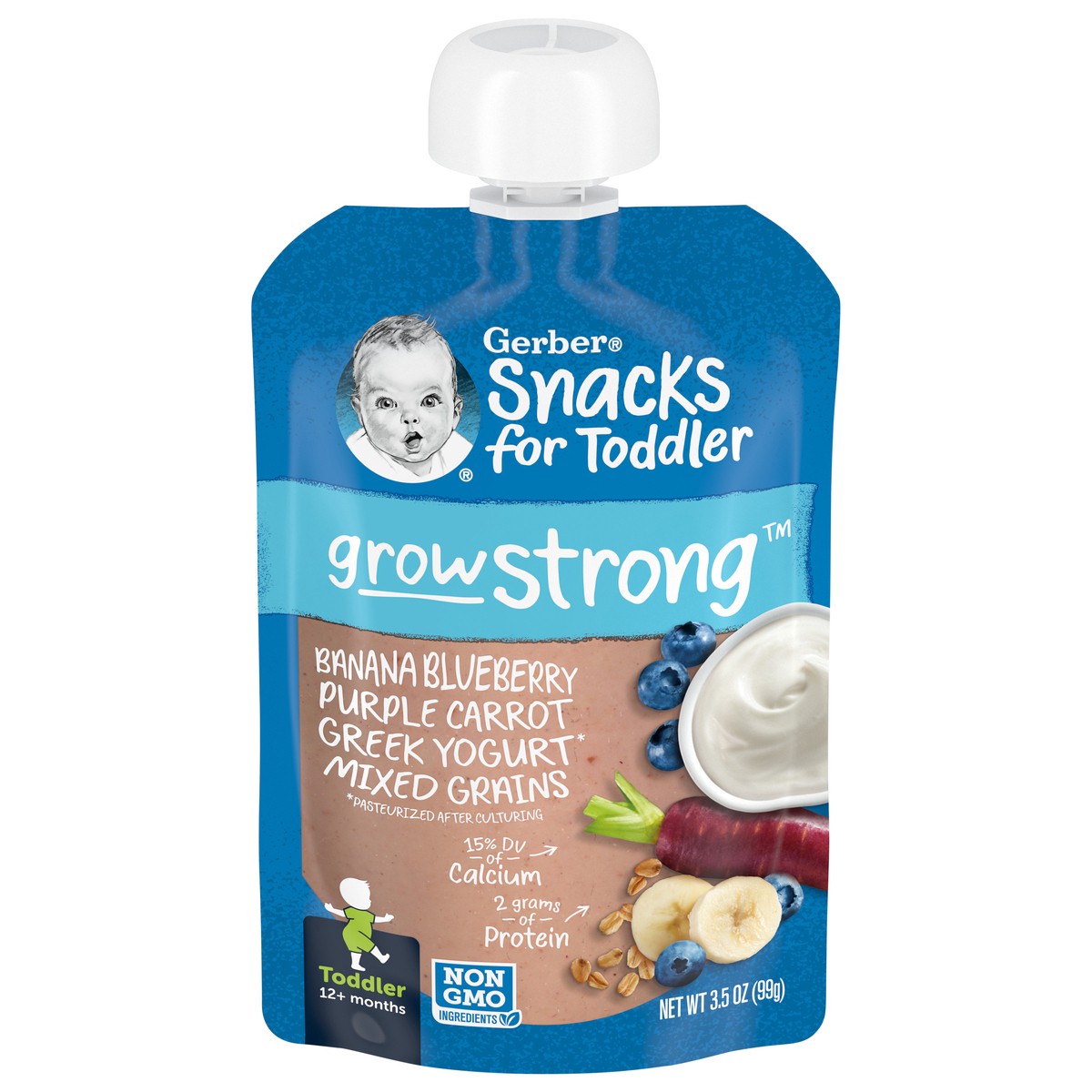 slide 1 of 13, Gerber Snacks for Toddler Grow Strong, Greek Yogurt Banana Blueberry Purple Carrot Mixed Grains , 3.5 oz Pouch, 3.5 oz