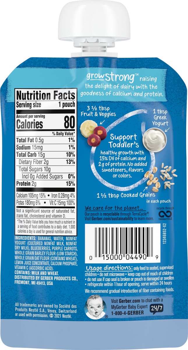 slide 10 of 13, Gerber Snacks for Toddler Grow Strong, Greek Yogurt Banana Blueberry Purple Carrot Mixed Grains , 3.5 oz Pouch, 3.5 oz