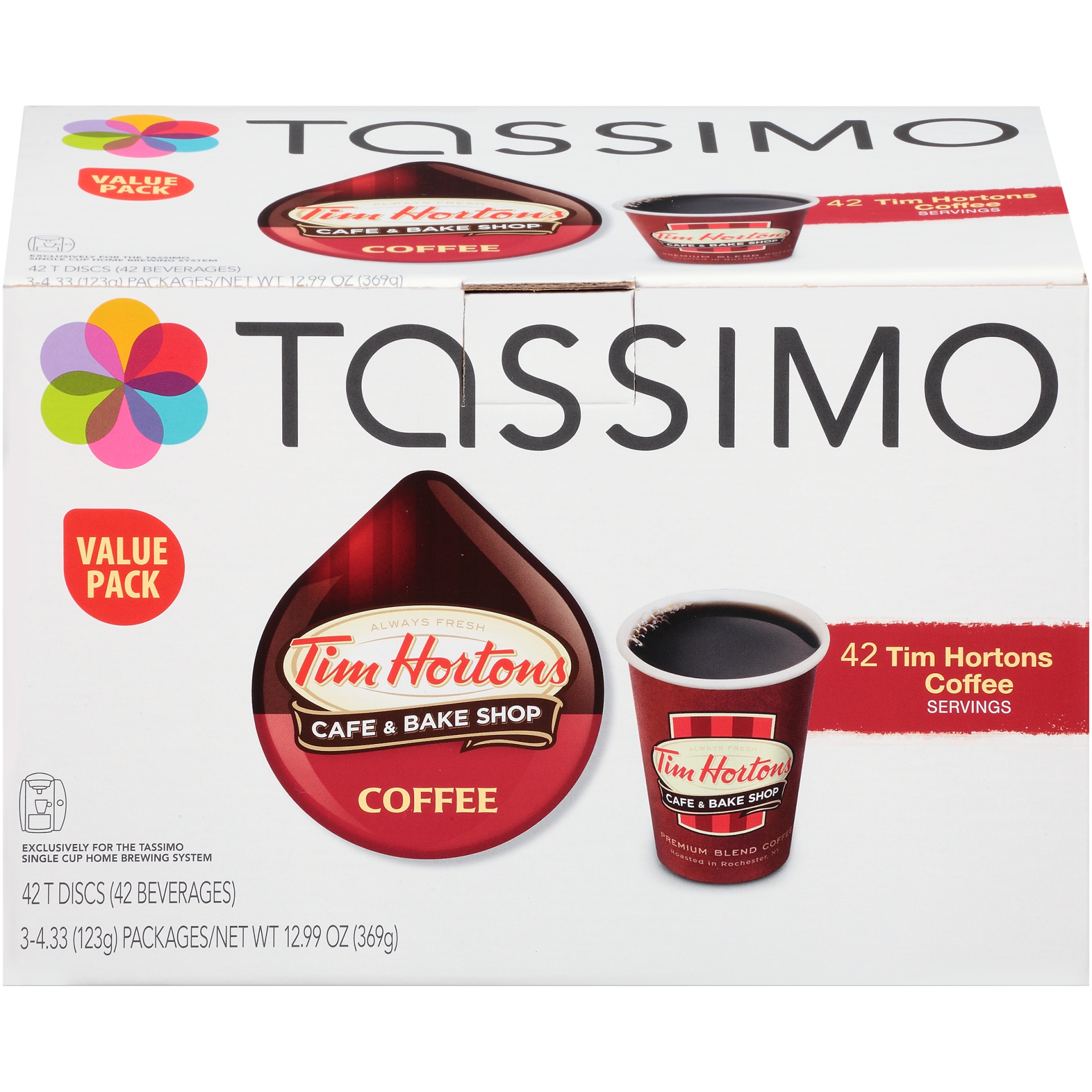 slide 1 of 1, Tim Hortons Ground Coffee T-Disc Capsule for Tassimo Brewing System, 42 ct