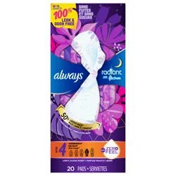 Always Radiant Overnight Feminine Pads for Women, Size 4 for Nighttime, with Wings, Scented, 20 CT