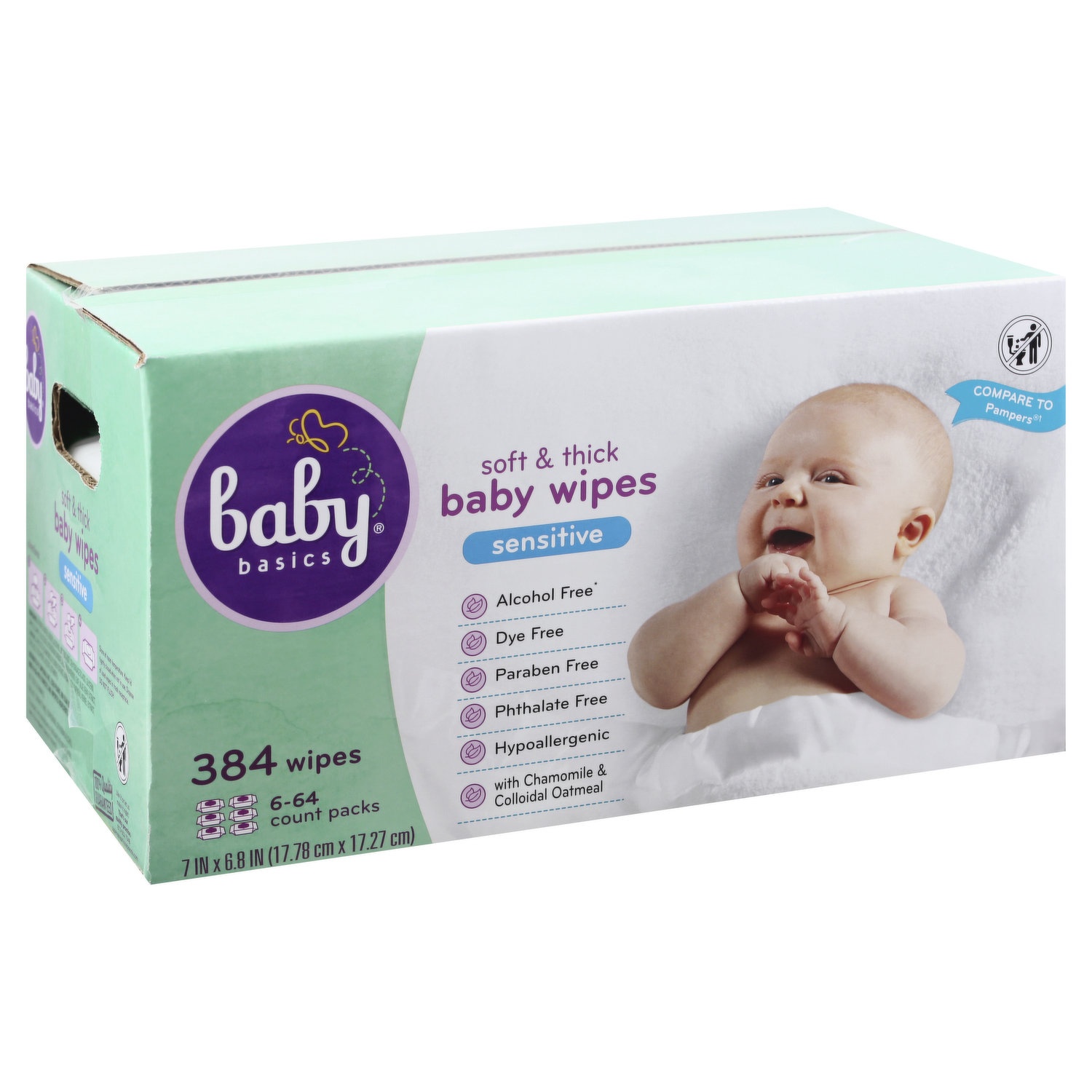 slide 1 of 1, Baby Basics Baby Wipes, Soft & Thick, Sensitive, 6 Each, 6 ct