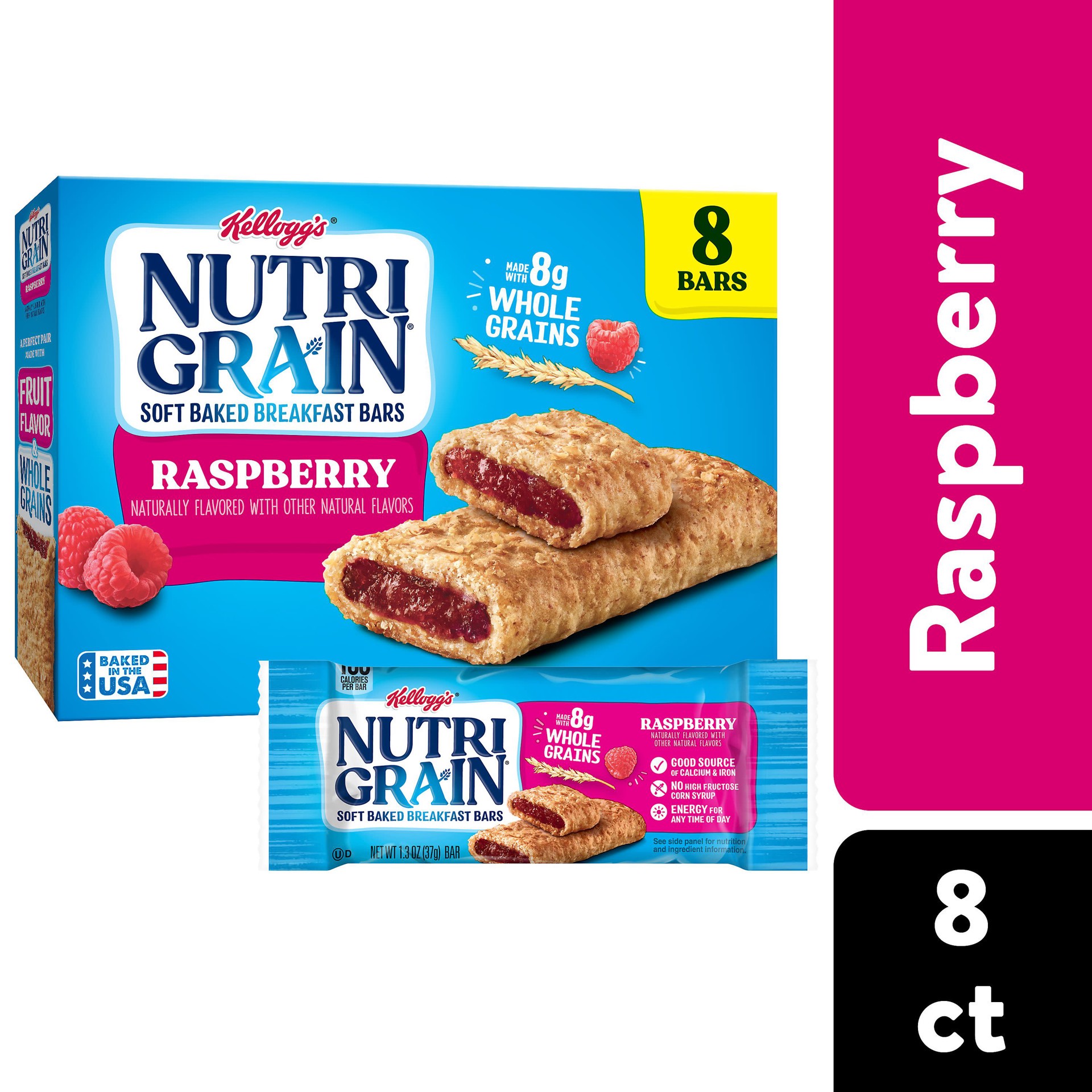 slide 1 of 5, Nutri-Grain Soft Baked Breakfast Bars, Kids Snacks, Whole Grain, Raspberry, 10.4oz Box, 8 Bars, 10.4 oz