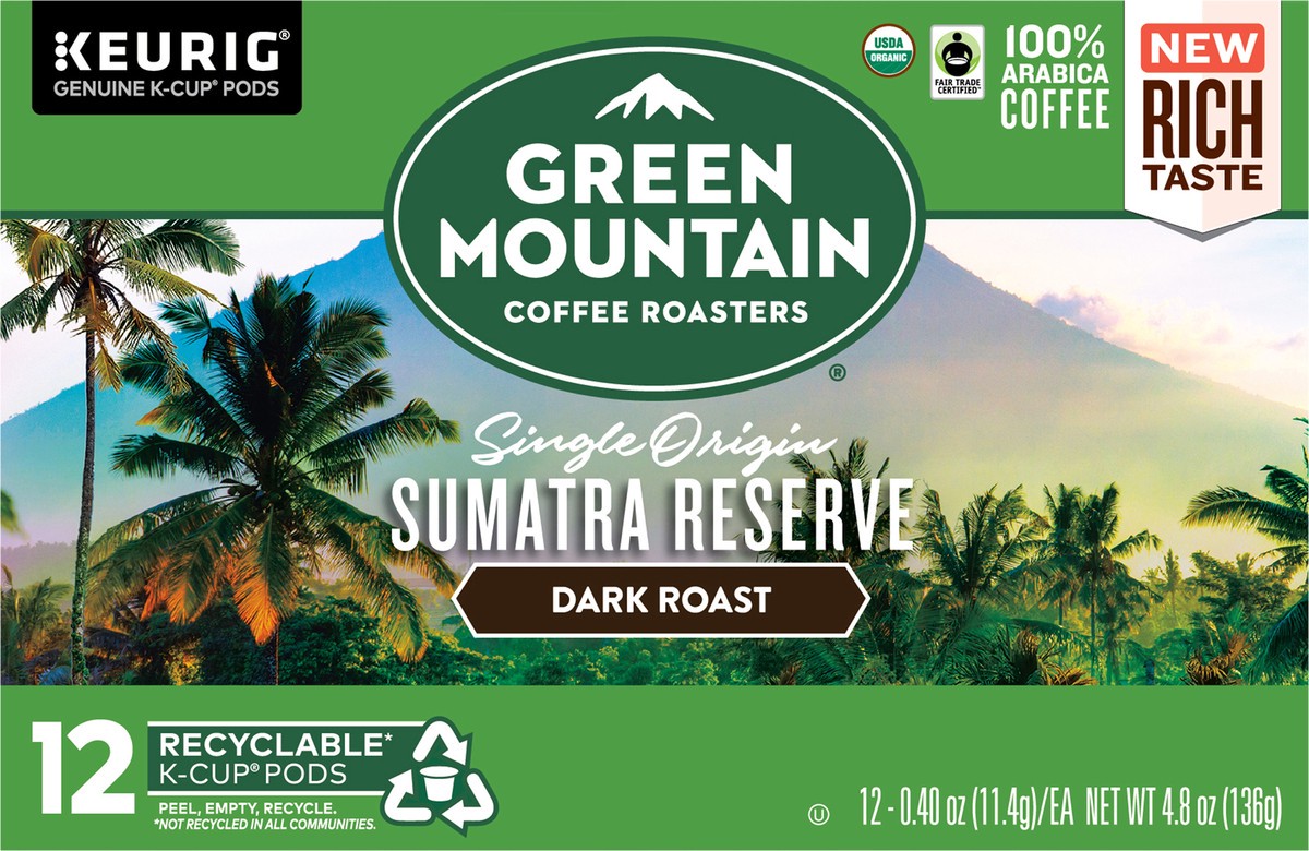 slide 3 of 11, Green Mountain Coffee Roasters Sumatra Reserve Keurig Single-Serve K-Cup pods, Dark Roast Coffee, 12 ct