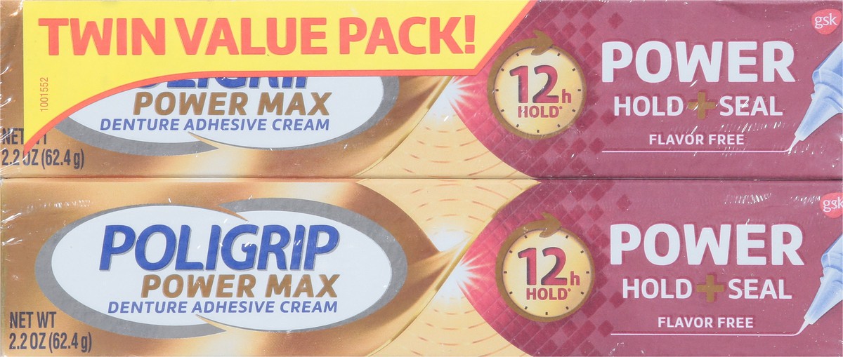 slide 2 of 9, Poligrip Power Max Flavor Free Denture Adhesive Cream Twin Value Pack 2 - 2.2 oz Packs, 2 ct