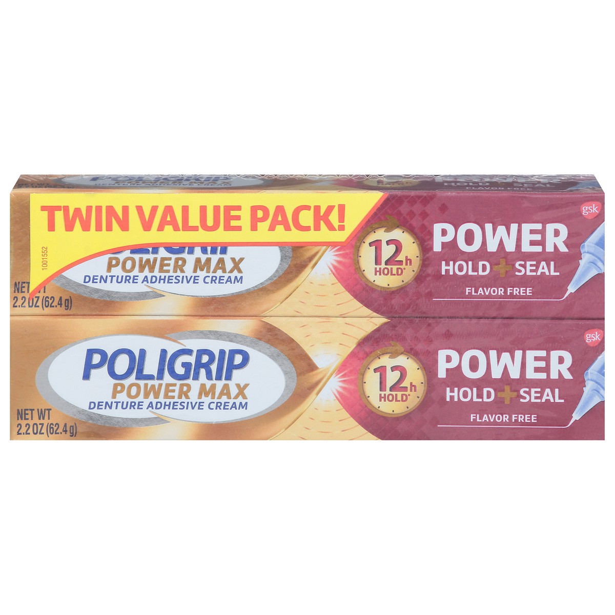 slide 1 of 9, Poligrip Power Max Flavor Free Denture Adhesive Cream Twin Value Pack 2 - 2.2 oz Packs, 2 ct