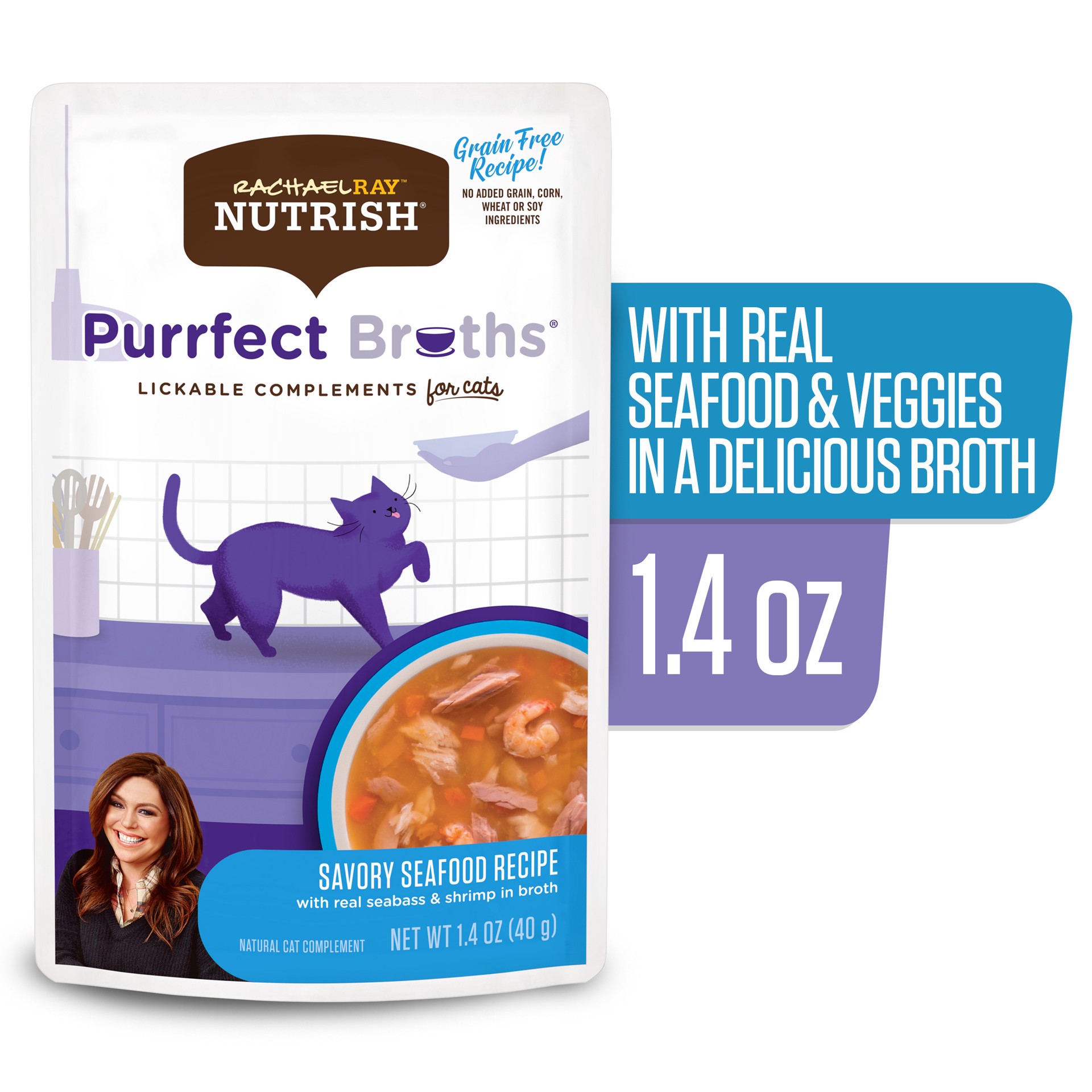 slide 3 of 6, Rachael Ray Nutrish Purrfect Broths Lickable Cat Treats and Meal Complements, Savory Seafood Recipe, 1.4 Ounce Pouch, 1.4 oz
