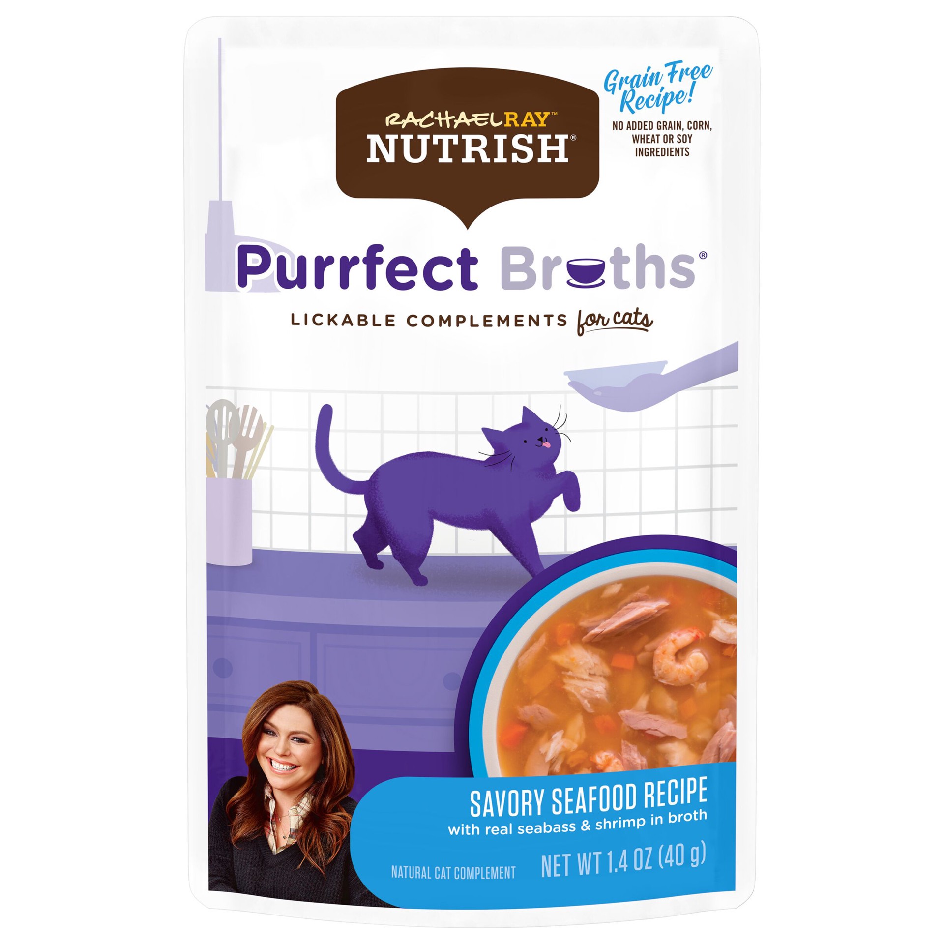 slide 1 of 6, Rachael Ray Nutrish Purrfect Broths Lickable Cat Treats and Meal Complements, Savory Seafood Recipe, 1.4 Ounce Pouch, 1.4 oz