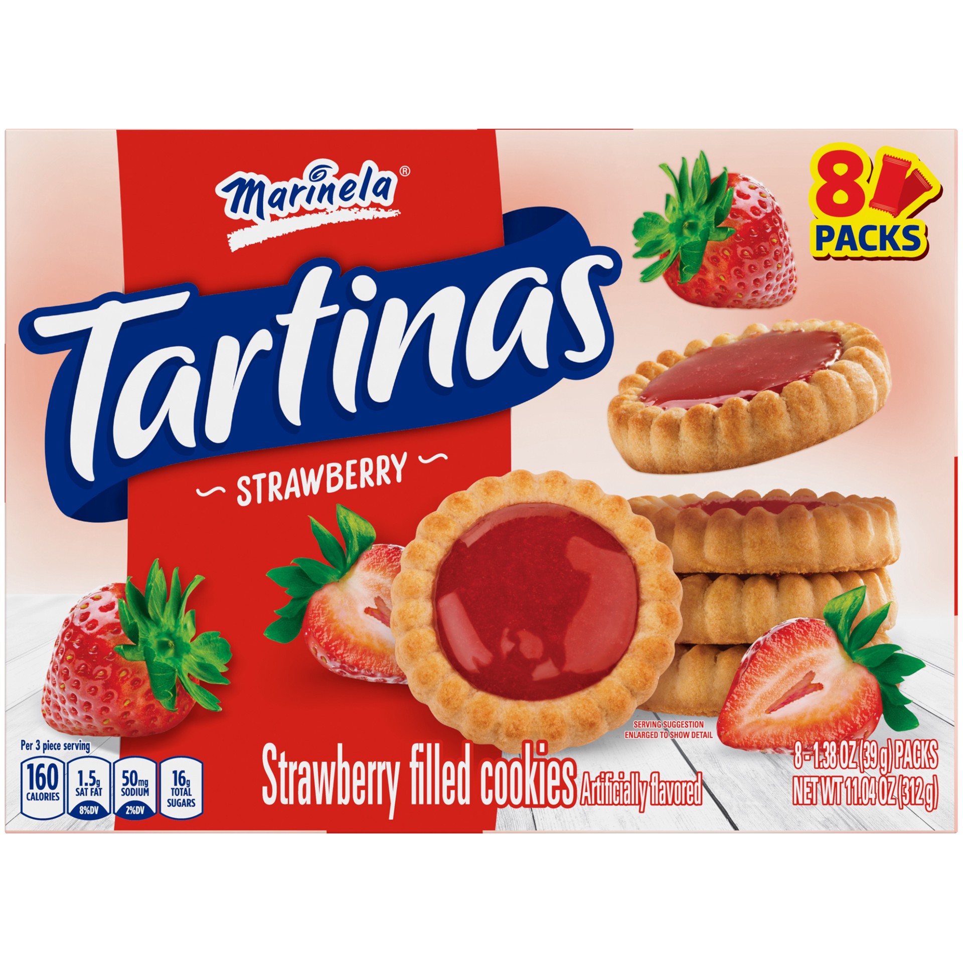 slide 1 of 6, Marinela Tartinas Fresa Cookies, Strawberry Filled, Artificially Flavored, 8-Packs, 14.08 Ounces, 11 oz