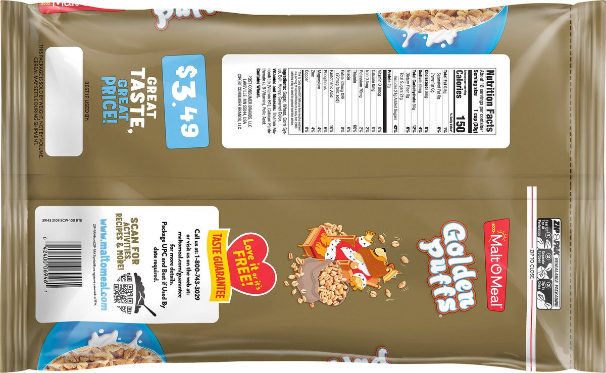 slide 2 of 10, Malt-O-Meal Golden Puffs Breakfast Cereal, Puffed Wheat Cereal, 23.5 OZ Bag, 23.5 oz