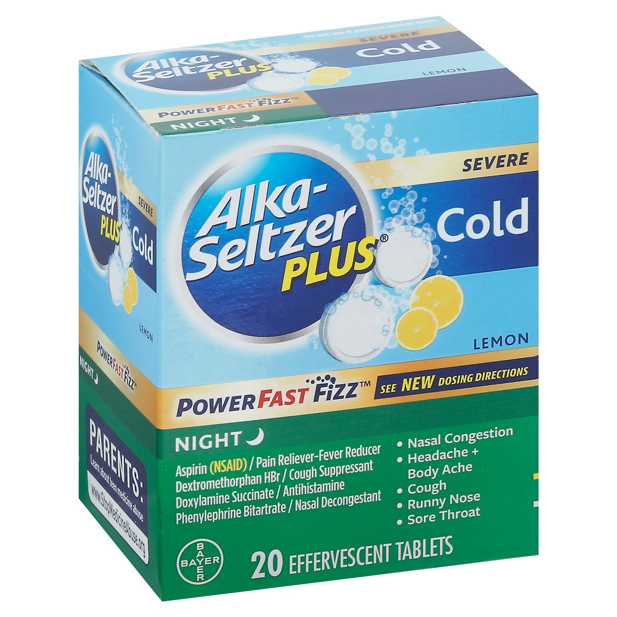 slide 2 of 9, Alka-Seltzer Plus Effervescent Powerfast Fizz Tablets Nighttime Cold Severe, Lemon Flavor, 20 ct