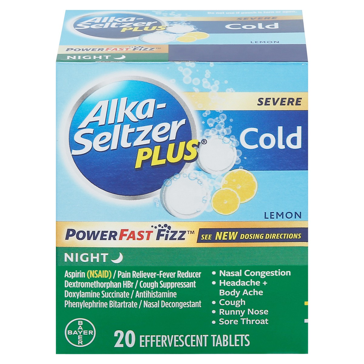 slide 1 of 9, Alka-Seltzer Plus Effervescent Powerfast Fizz Tablets Nighttime Cold Severe, Lemon Flavor, 20 ct