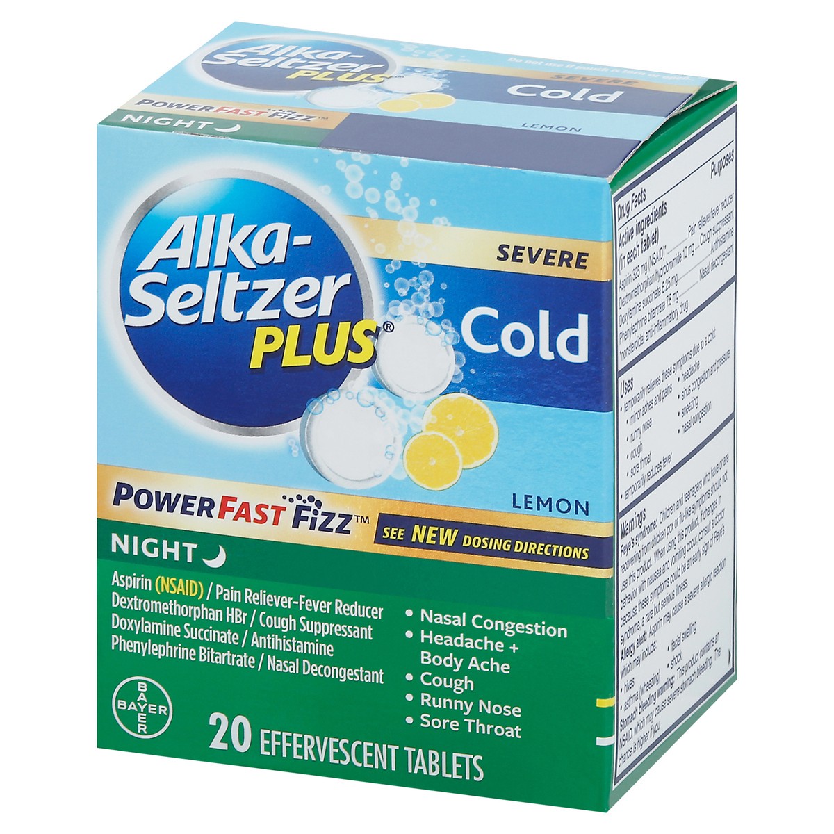 slide 3 of 9, Alka-Seltzer Plus Effervescent Powerfast Fizz Tablets Nighttime Cold Severe, Lemon Flavor, 20 ct
