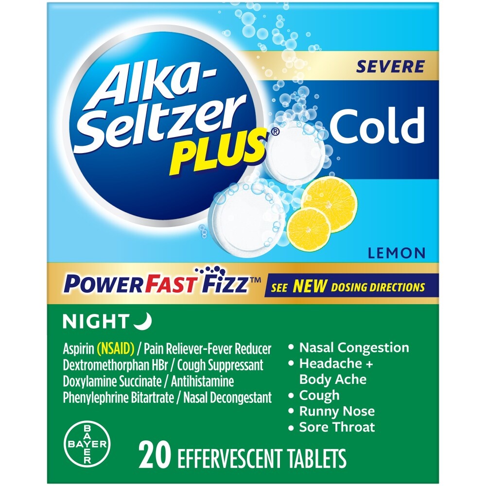 slide 1 of 1, Alka-Seltzer Plus Lemon Flavor Night Aspirin Effervescent Tablets, 20 ct