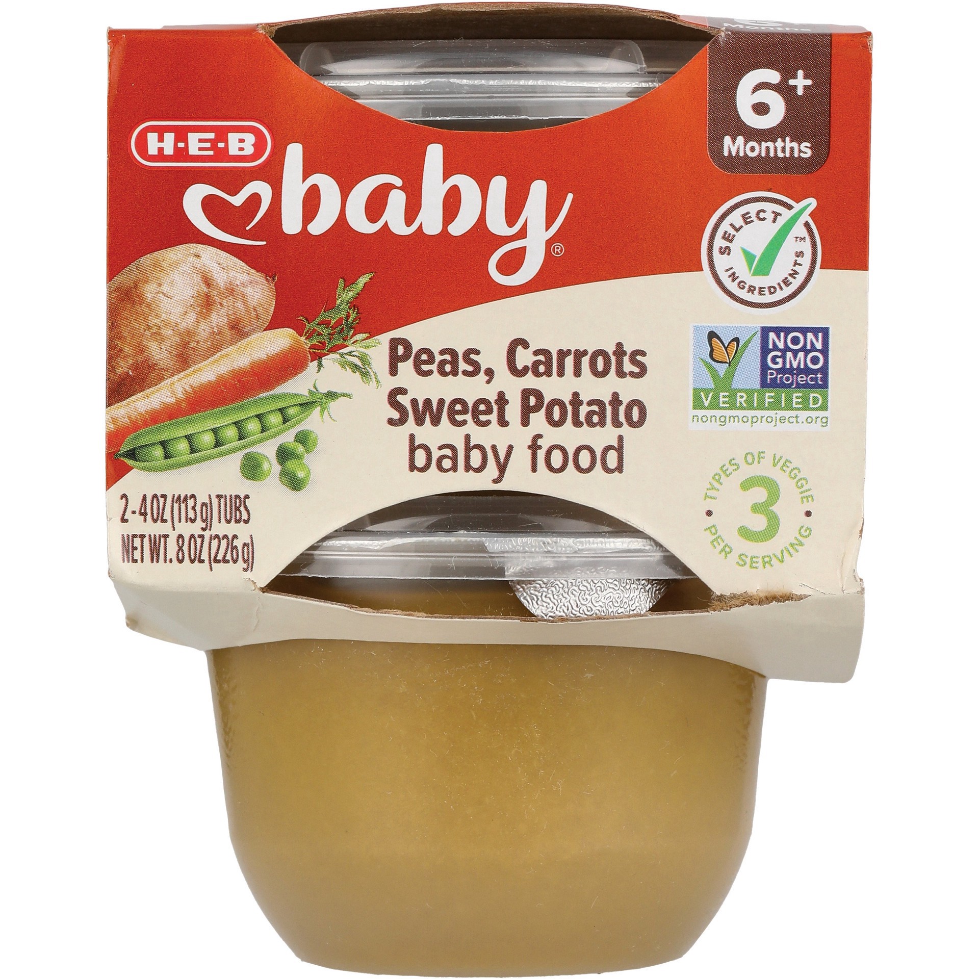 slide 1 of 1, H-E-B Baby Food - Carrot Sweet Potato Peas, 4 oz Tubs, 2 ct