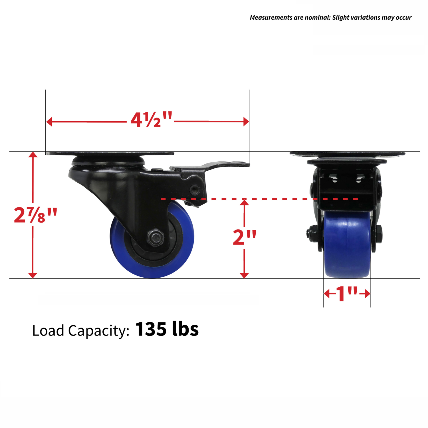 slide 3 of 4, Super Sliders 2" Polyurethane Swivel Caster with Total-Lock Brake, 135-lb. Capacity, Blue, 2 in
