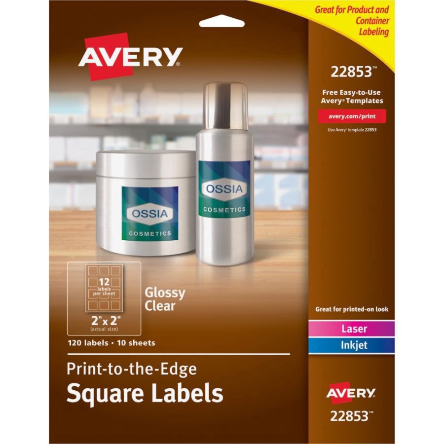slide 5 of 9, Avery Print-To-The-Edge Labels, 22853, Square, Glossy Clear, 120 ct; 2 in x 2 in