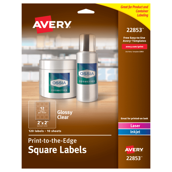 slide 1 of 9, Avery Print-To-The-Edge Labels, 22853, Square, Glossy Clear, 120 ct; 2 in x 2 in
