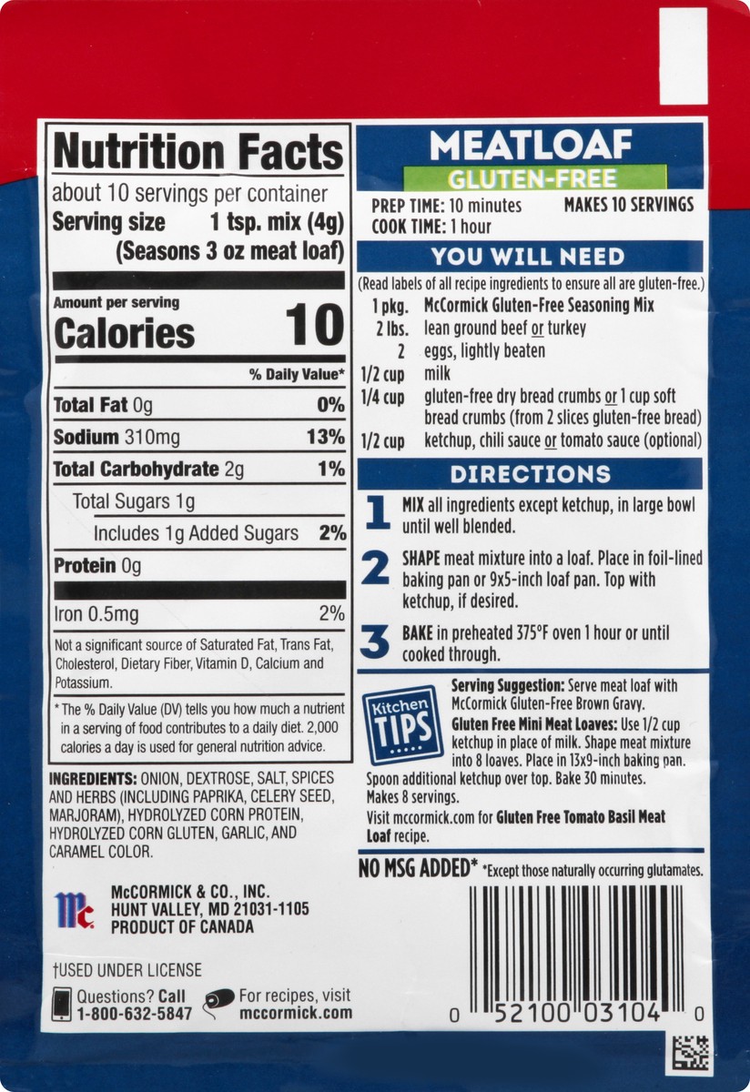 slide 8 of 10, McCormick Gluten-Free Meatloaf Seasoning 1.5 oz Packet, 1.5 oz