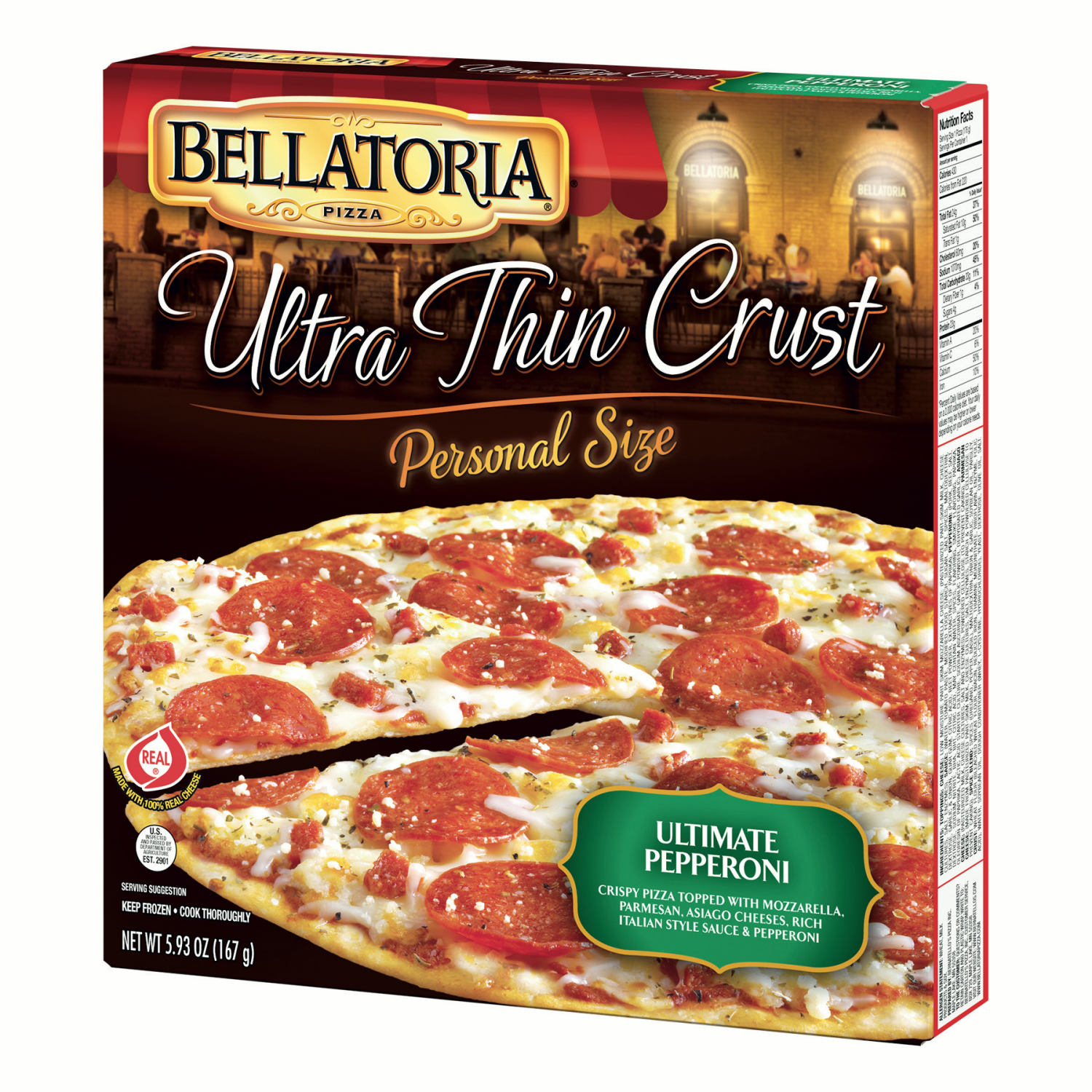 slide 1 of 1, Bellatoria Pizza, Ultra Thin Crust, Ultimate Pepperoni, Personal Size, 5.93 oz