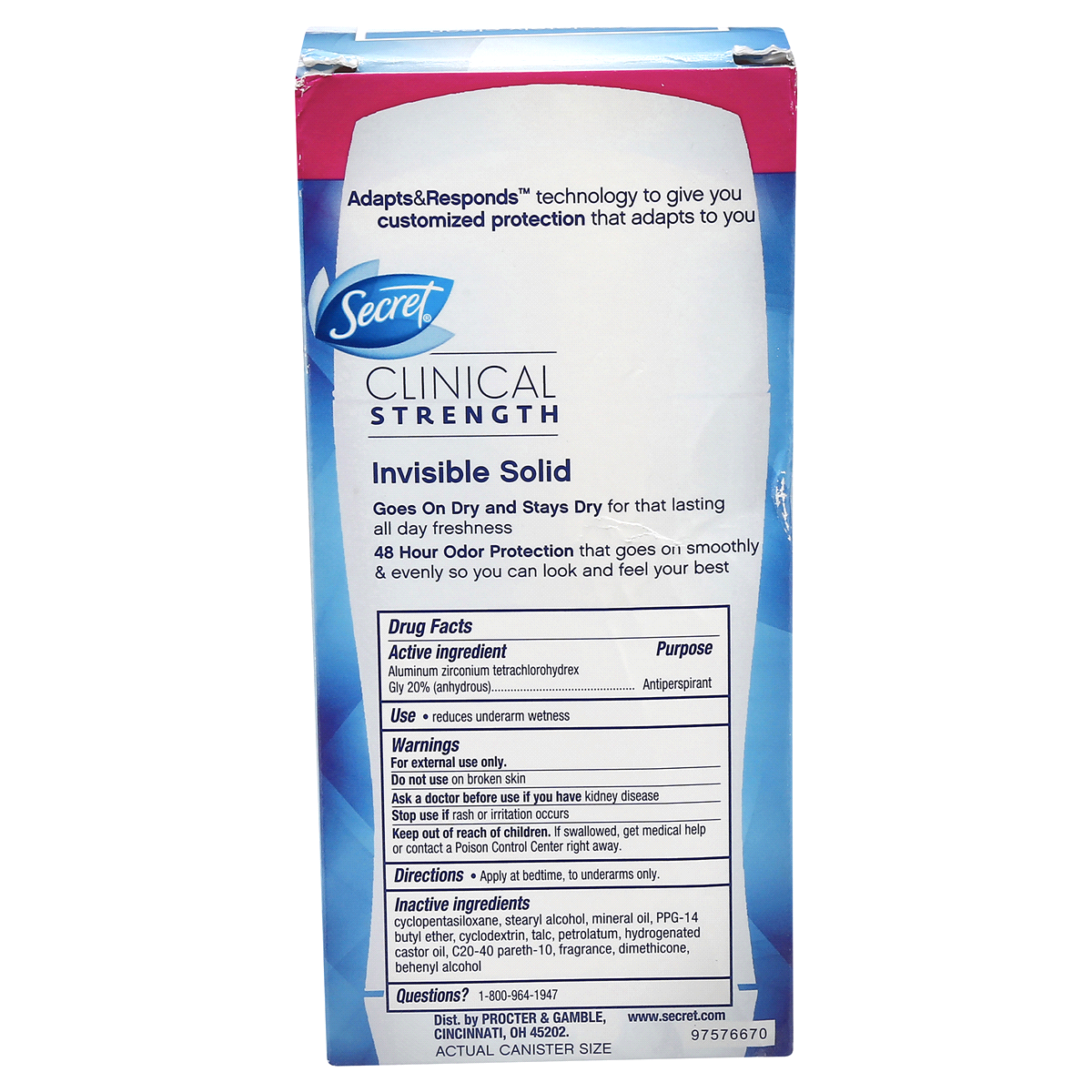 slide 27 of 59, Secret Clinical Strength Invisible Solid Antiperspirant and Deodorant for Women, Completely Clean, 2.6 oz, 2.6 oz