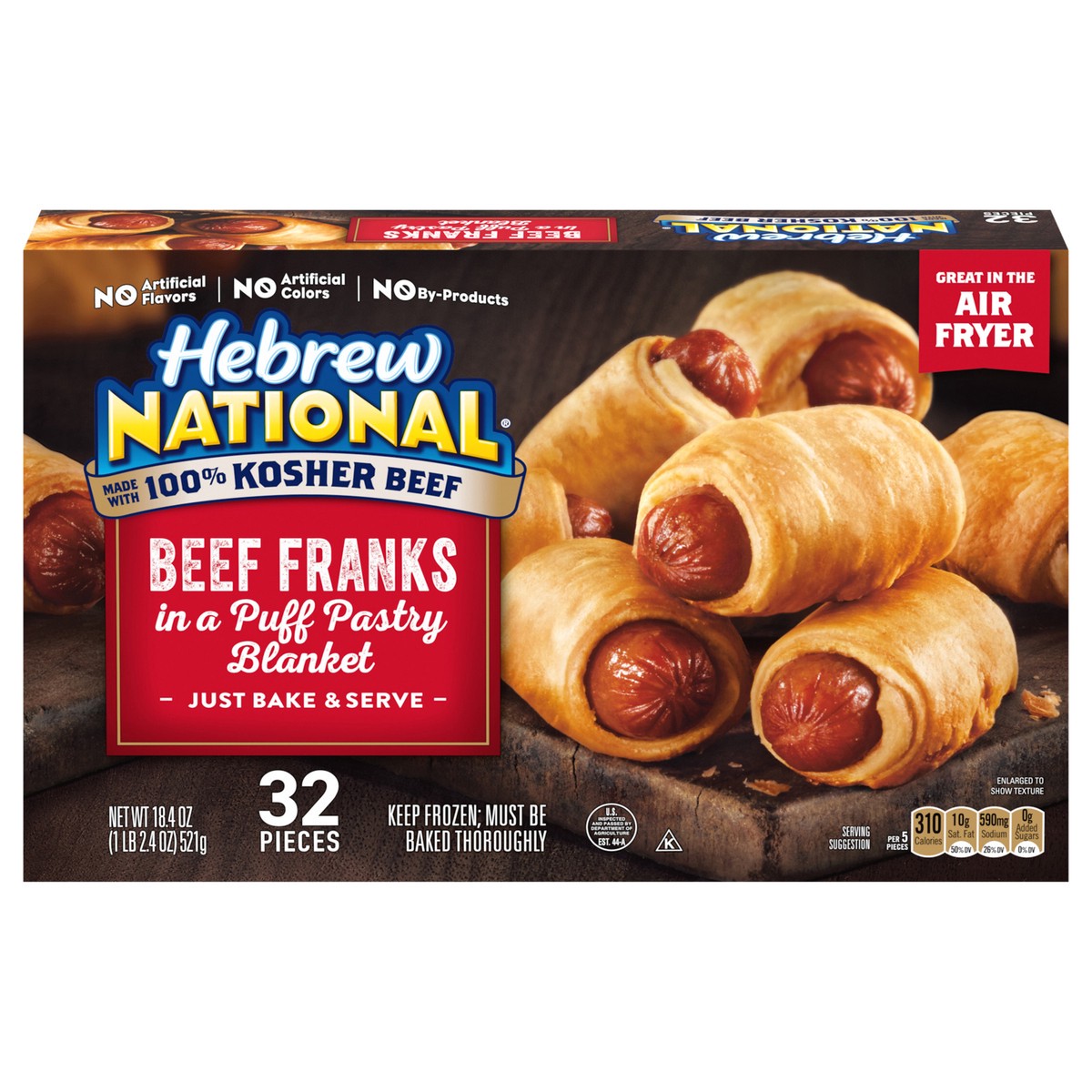 slide 1 of 5, Hebrew National Beef Franks in a Puff Pastry Blanket, Frozen Snacks, 18.4 oz., 32 Count Pack, 32 ct