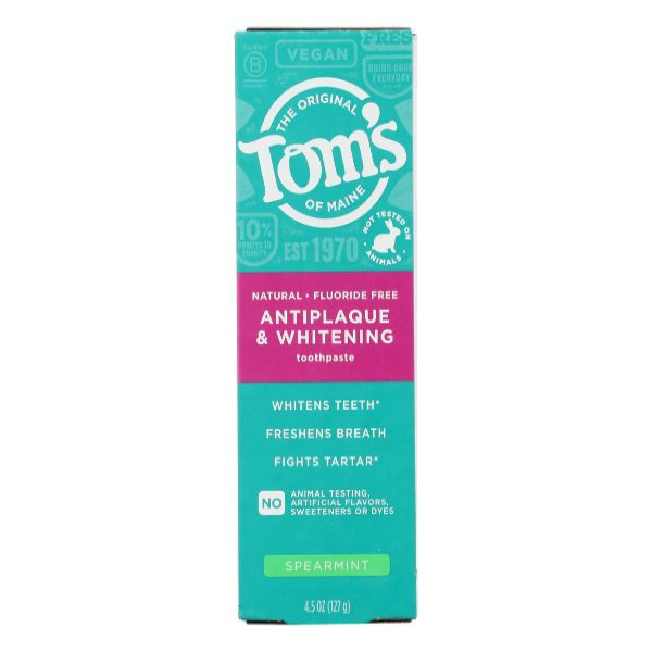 slide 1 of 6, Tom's of Maine Tom’s of Maine Antiplaque and Whitening Fluoride Free Toothpaste, Spearmint Toothpaste, 4.5 oz