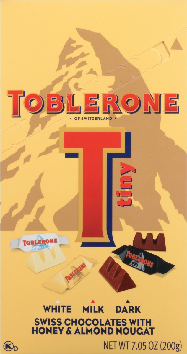 slide 4 of 7, Toblerone Tiny Swiss Chocolate Candy Bars with Honey & Almond Nougat Variety Pack, White, Dark and Milk Chocolate, 7.05 oz Gift Box, 0.44 lb