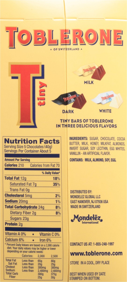 slide 3 of 7, Toblerone Tiny Swiss Chocolate Candy Bars with Honey & Almond Nougat Variety Pack, White, Dark and Milk Chocolate, 7.05 oz Gift Box, 0.44 lb