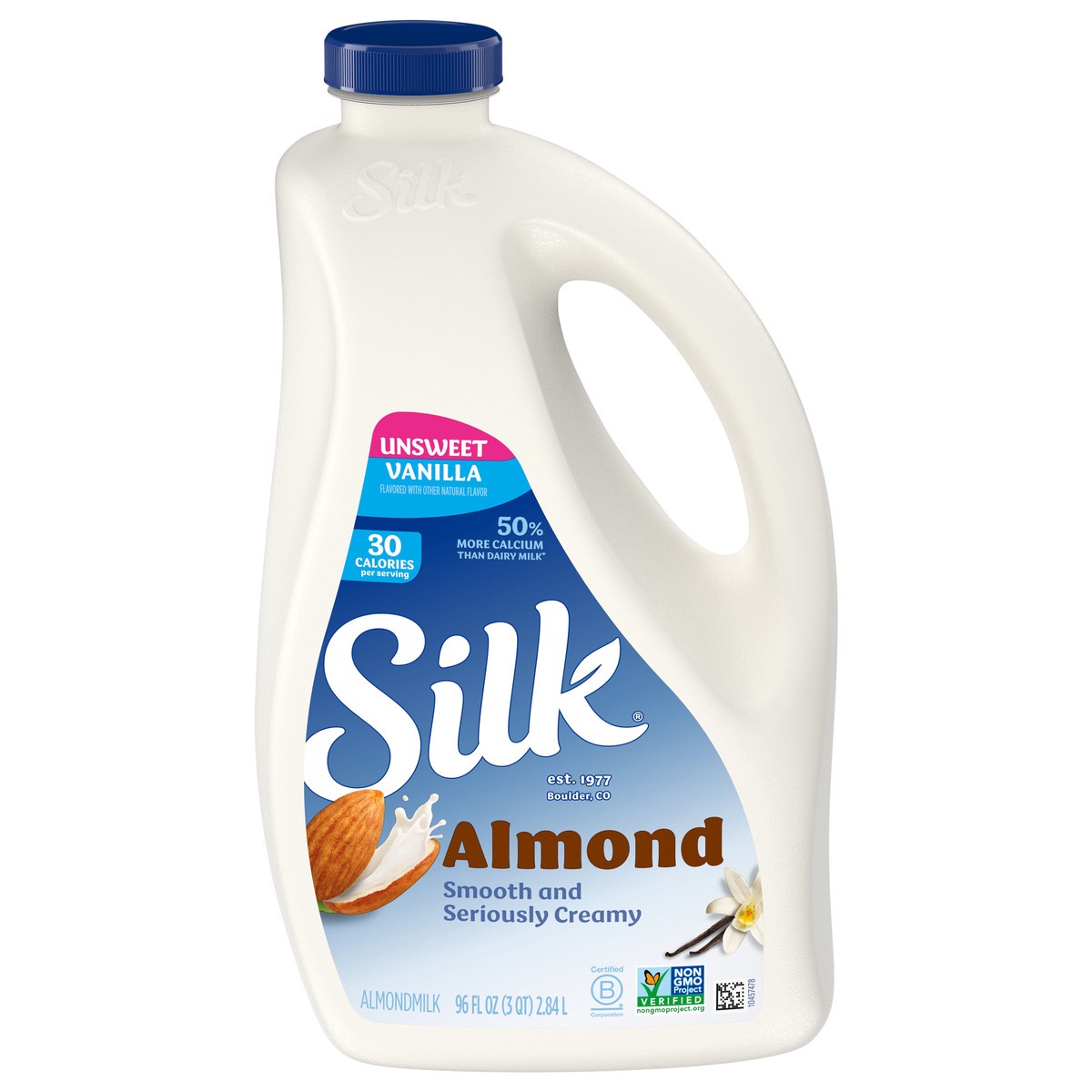 slide 1 of 5, Silk Almond Milk, Unsweet Vanilla, Dairy Free, Gluten Free, Seriously Creamy Vegan Milk with 50% More Calcium than Dairy Milk, 96 FL OZ Bottle, 96 fl oz